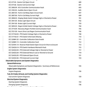 K&ouml;nnte beinhalten: Eine Seite aus einem Handbuch mit einer Liste von Diagnosefehlercodes und Systemdiagnosen, einschlie&szlig;lich Motor-, Kraftstoff- und elektrischer Systemdiagnosen. Schwarzer Text auf wei&szlig;em Hintergrund.