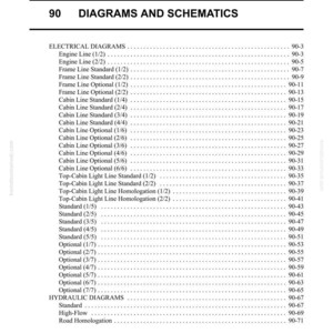 May include: A page from a manual titled "Diagrams and Schematics" with a list of electrical and hydraulic diagrams. The text includes "Engine Line," "Cabin Line," and "Standard" diagrams, with page numbers.