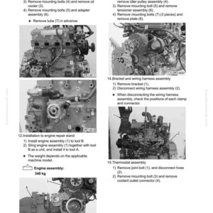 May include: Diagram of engine disassembly and assembly steps, including removing tubes, bolts, and assemblies. The image shows detailed views of engine components with numbered labels for each step. The engine assembly weighs 340 kg.