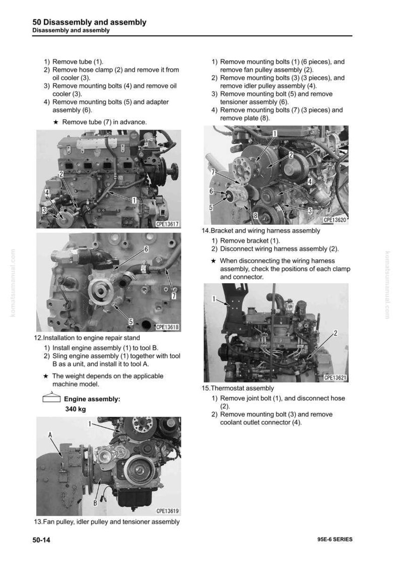 May include: Diagram of engine disassembly and assembly steps, including removing tubes, bolts, and assemblies. The image shows detailed views of engine components with numbered labels for each step. The engine assembly weighs 340 kg.