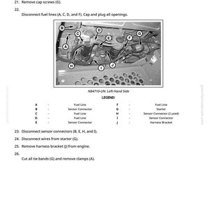 May include: Image showing engine components with labels A to J. Instructions detail disconnecting connectors, fuel lines, and removing clamps. Text reads "N84710-UN: Left-Hand Side" and a legend explains each label.