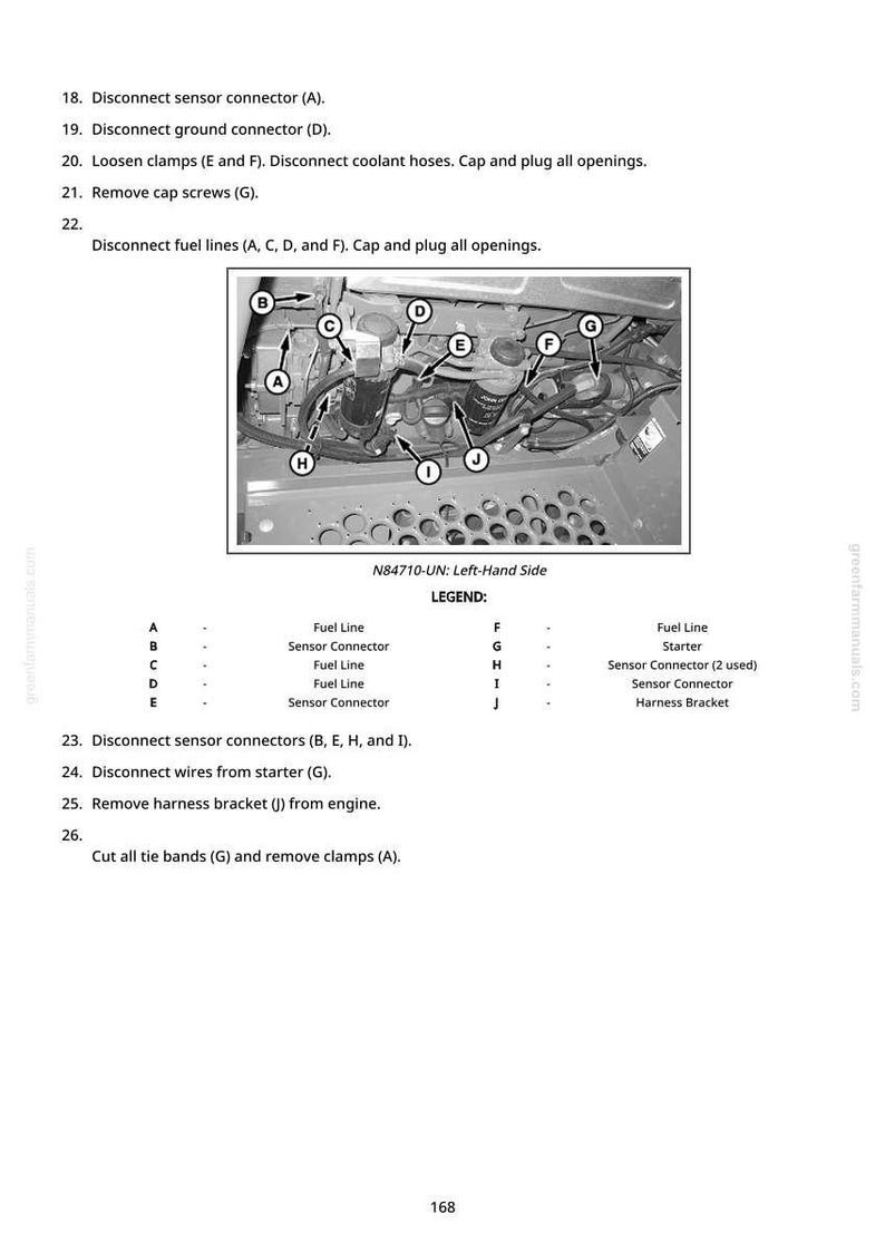 May include: Image showing engine components with labels A to J. Instructions detail disconnecting connectors, fuel lines, and removing clamps. Text reads "N84710-UN: Left-Hand Side" and a legend explains each label.