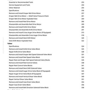 Peut inclure: Une page de manuel avec une liste de composants m&eacute;caniques et leurs num&eacute;ros de page. Le texte comprend des termes tels que &laquo; Moteurs &raquo;, &laquo; Vannes &raquo; et &laquo; Hydraulique &raquo;. Le site Web greenfarmmanuals.com est visible.