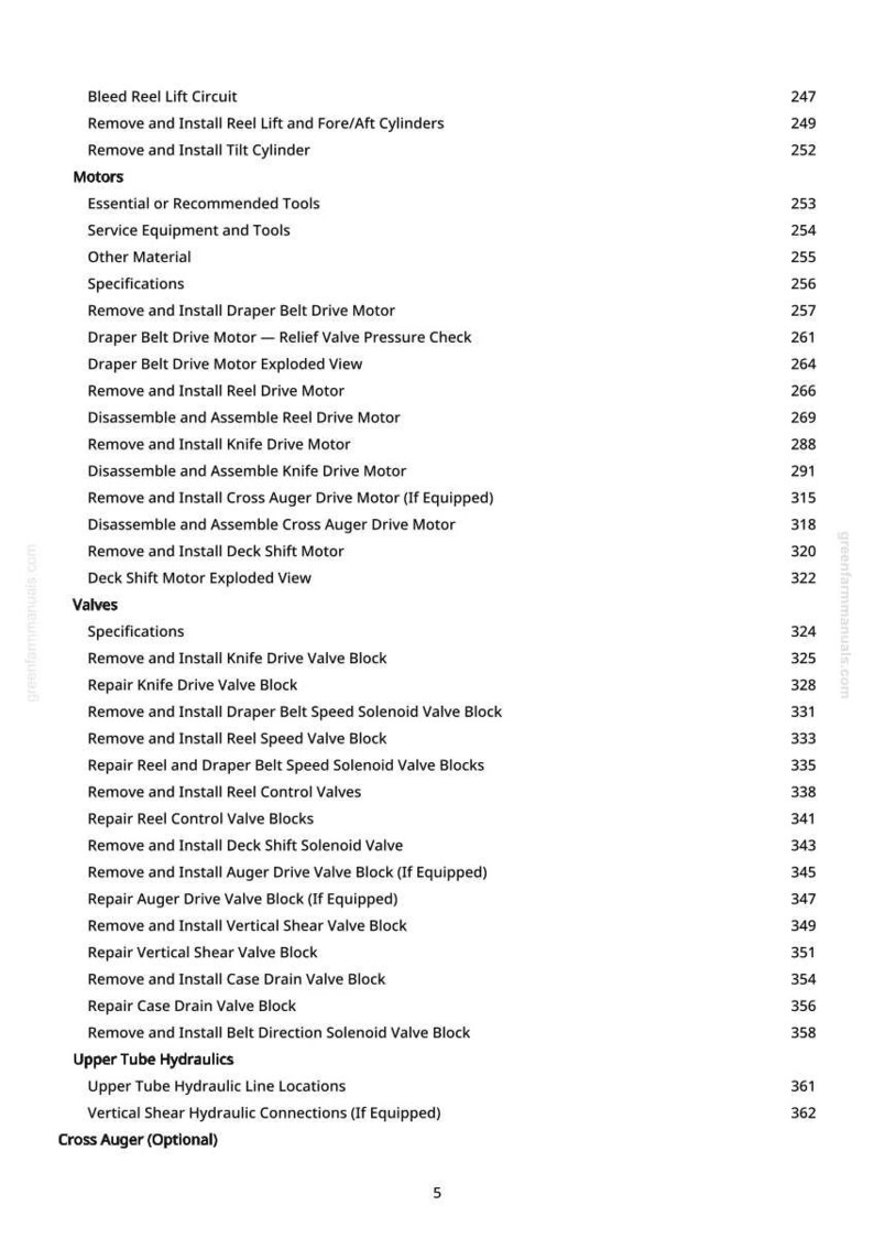 Peut inclure: Une page de manuel avec une liste de composants m&eacute;caniques et leurs num&eacute;ros de page. Le texte comprend des termes tels que &laquo; Moteurs &raquo;, &laquo; Vannes &raquo; et &laquo; Hydraulique &raquo;. Le site Web greenfarmmanuals.com est visible.