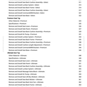 Puede incluir: Un detallado &iacute;ndice de greenfarmmanuals.com, que enumera varias opciones de asiento y sus procedimientos de instalaci&oacute;n. El documento incluye secciones para asientos Select, Premium y Ultimate, con n&uacute;meros de p&aacute;gina.