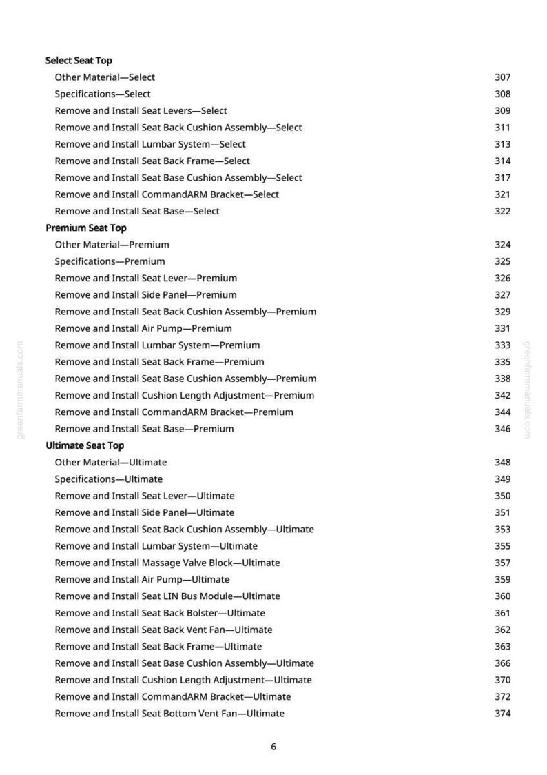 Puede incluir: Un detallado &iacute;ndice de greenfarmmanuals.com, que enumera varias opciones de asiento y sus procedimientos de instalaci&oacute;n. El documento incluye secciones para asientos Select, Premium y Ultimate, con n&uacute;meros de p&aacute;gina.