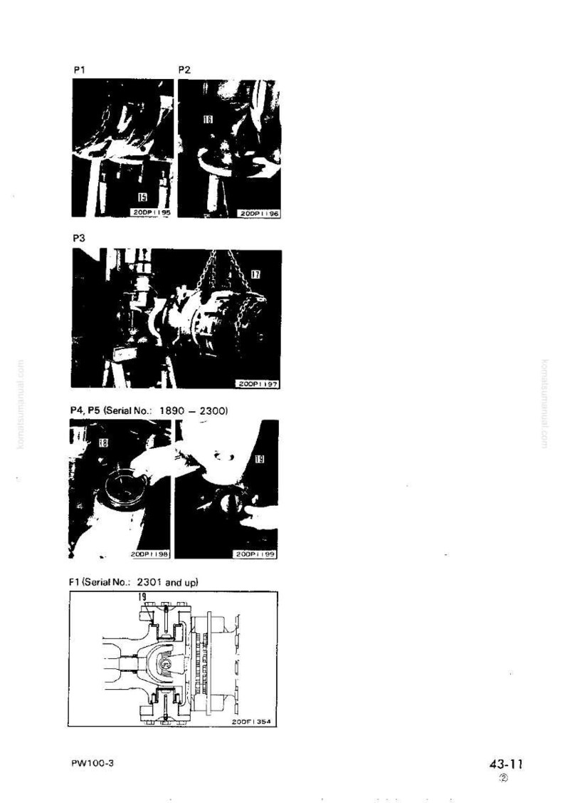 May include: Technical diagrams and illustrations of mechanical components, including close-up views of parts labelled P1, P2, P3, P4, P5, and F1. Serial numbers are also included.
