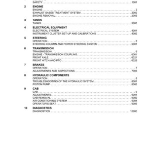 May include: A white and black document titled "TABLE OF CONTENTS" for ARGO Tractors. The document lists sections including Engine, Tanks, Electrical Equipment, Steering, Transmission, Brakes, Hydraulic Components, Cab, and Diagnostics.