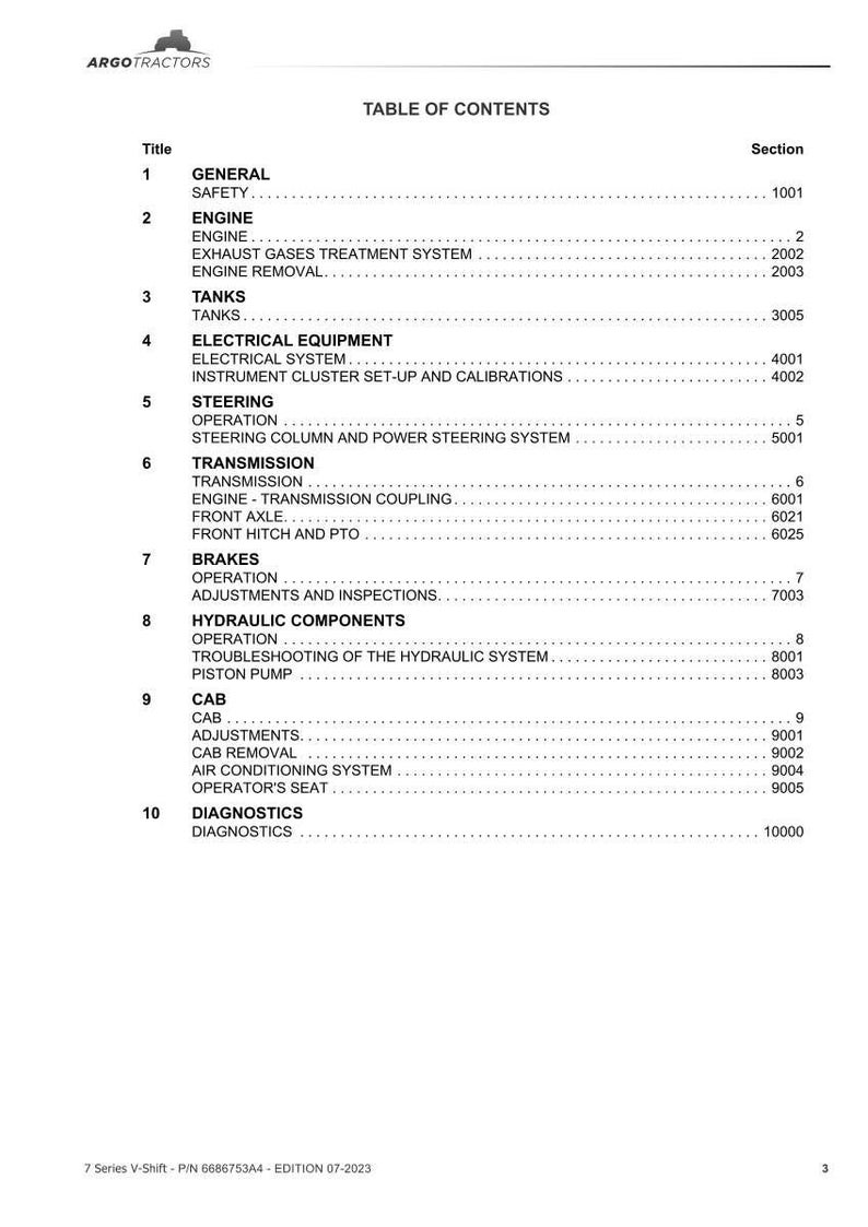 May include: A white and black document titled "TABLE OF CONTENTS" for ARGO Tractors. The document lists sections including Engine, Tanks, Electrical Equipment, Steering, Transmission, Brakes, Hydraulic Components, Cab, and Diagnostics.