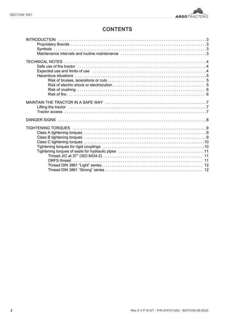 May include: A white document with the title "CONTENTS" and a table of contents for a tractor manual. The document includes sections on technical notes, tightening torques, and danger signs. The Argo Tractors logo is at the top.
