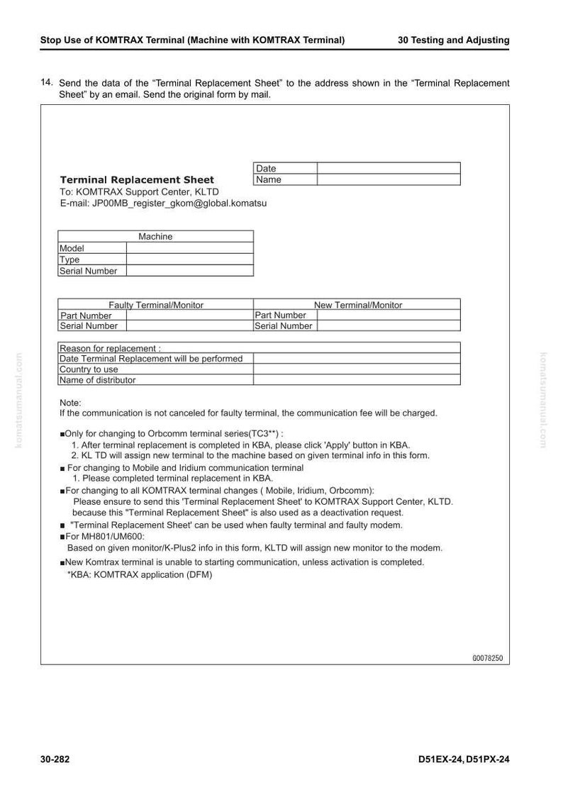 K&ouml;nnte beinhalten: Ein wei&szlig;es Dokument mit dem Titel "Terminal Replacement Sheet" mit Feldern f&uuml;r Modell, Typ und Seriennummer. Anweisungen und Hinweise sind enthalten, mit dem Text "Stop Use of KOMTRAX Terminal" oben. Das Dokument dient der Maschinenwartung.
