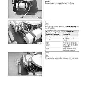 May include: Diagram illustrating the installation of a radio module on a tractor. The image includes close-up shots of the module, wiring, and connection points. Text provides instructions and identifies separation points on the GPS ECU.