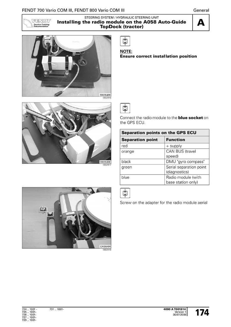 May include: Diagram illustrating the installation of a radio module on a tractor. The image includes close-up shots of the module, wiring, and connection points. Text provides instructions and identifies separation points on the GPS ECU.