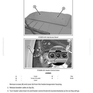 Pu&ograve; includere: Diagramma che illustra la regolazione del cavo Bowden della valvola del riscaldatore. L'immagine include primi piani del pannello di accesso alla cabina e della valvola di controllo del riscaldatore, con etichette e frecce che indicano componenti specifici. Sono incluse anche istruzioni testuali.