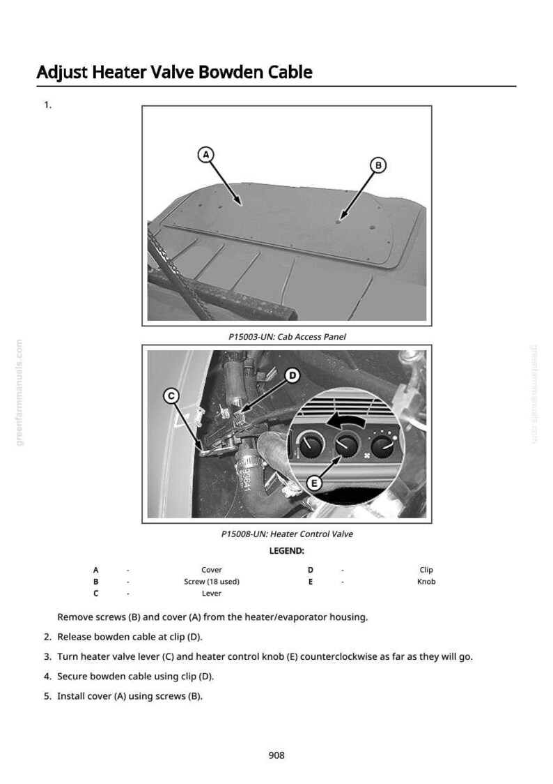 Pu&ograve; includere: Diagramma che illustra la regolazione del cavo Bowden della valvola del riscaldatore. L'immagine include primi piani del pannello di accesso alla cabina e della valvola di controllo del riscaldatore, con etichette e frecce che indicano componenti specifici. Sono incluse anche istruzioni testuali.
