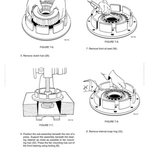 Pu&ograve; includere: Diagramma tecnico che illustra lo smontaggio di una frizione a ventola. L'immagine mostra vari passaggi, tra cui la rimozione del mozzo della frizione, della guarnizione dell'olio e dell'anello elastico. Il diagramma include figure e didascalie.