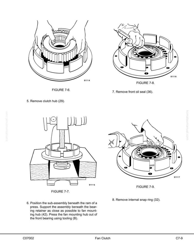 Pu&ograve; includere: Diagramma tecnico che illustra lo smontaggio di una frizione a ventola. L'immagine mostra vari passaggi, tra cui la rimozione del mozzo della frizione, della guarnizione dell'olio e dell'anello elastico. Il diagramma include figure e didascalie.