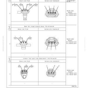 May include: Diagram of SUMITOMO connectors for engine sensors, including boost pressure and temperature sensors, and a fuel supply pump speed sensor. The diagram shows sensor and harness sides with pin configurations and part numbers.