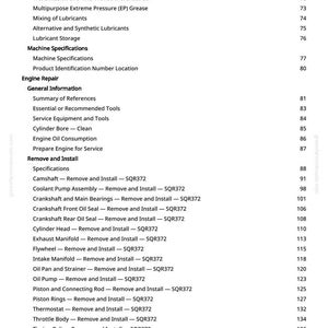 May include: A white-background page from a manual with a table of contents for engine repair. Topics include oil filters, engine repair, and specifications for various engine components.