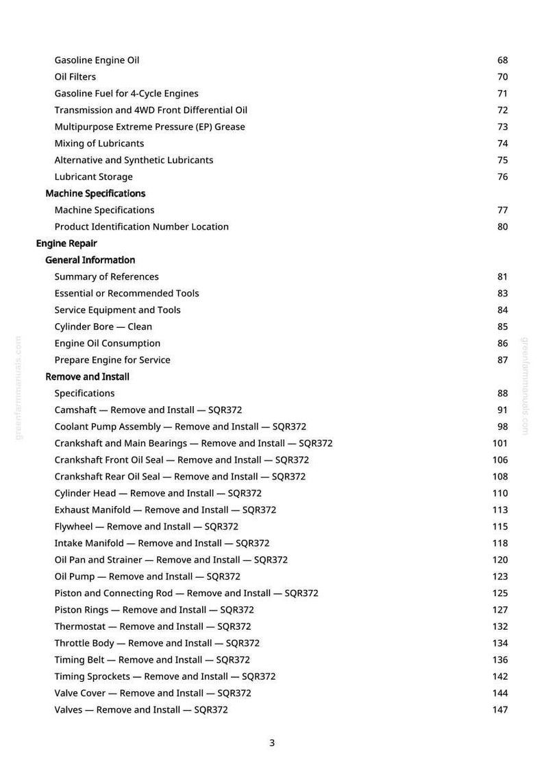 May include: A white-background page from a manual with a table of contents for engine repair. Topics include oil filters, engine repair, and specifications for various engine components.