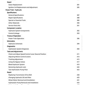 May include: A white page with a detailed table of contents for a technical manual. The text includes sections on repair, specifications, diagnostics, tests, and adjustments. Page numbers are listed on the right.