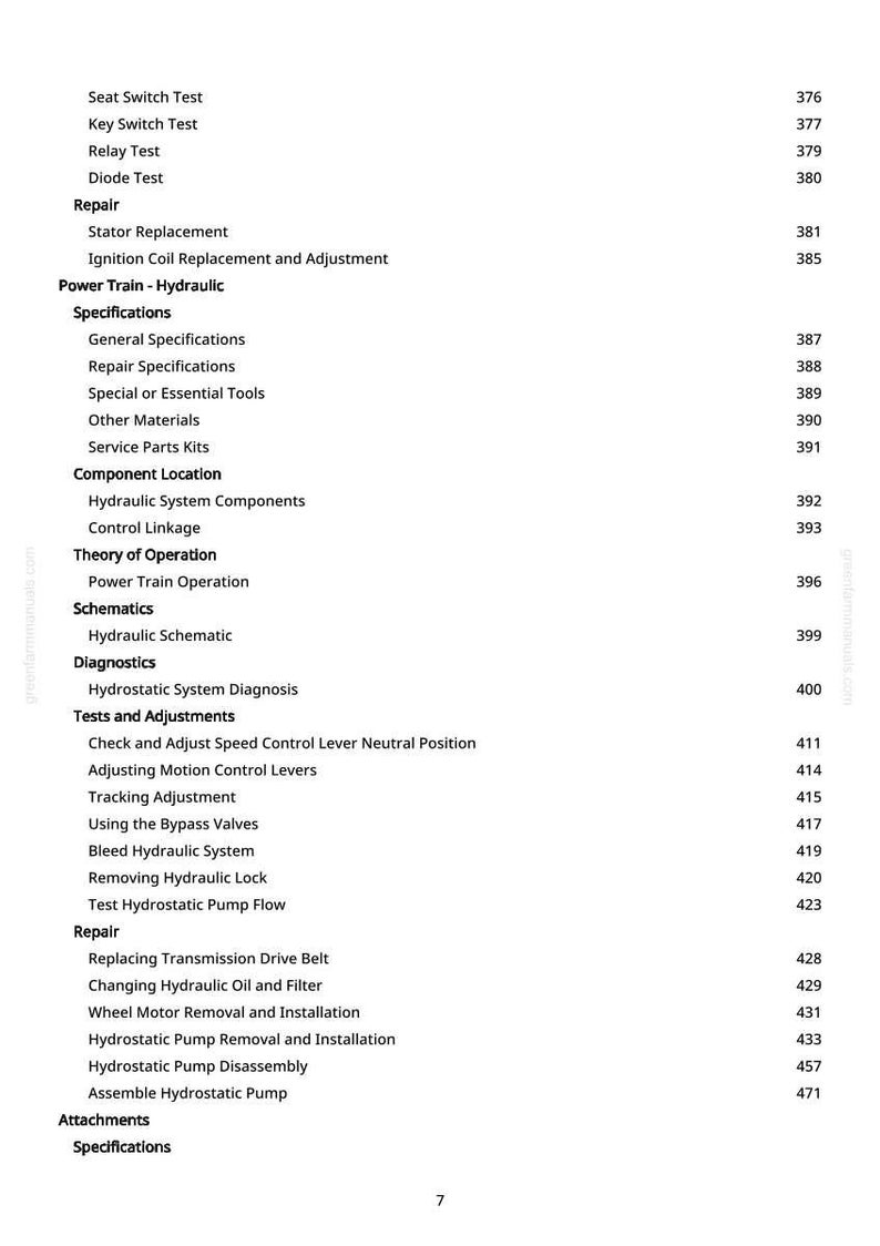 May include: A white page with a detailed table of contents for a technical manual. The text includes sections on repair, specifications, diagnostics, tests, and adjustments. Page numbers are listed on the right.