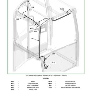 May include: Diagram of a cab roof harness (W13) component location. The image shows a transparent cab structure with a black harness running along the roof and down the side. Various components are labeled with codes like A001, B011, and E007.