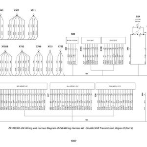 May include: A detailed wiring diagram of a cab wiring harness, labeled ZX1039361-UN. The diagram includes various connectors, switches, and labeled components, with text such as "Shuttle Shift Transmission, Region II (Part 2)". The image is in black and white.