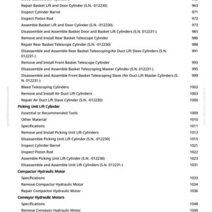 May include: A white page with a list of specifications and procedures for machinery maintenance. The text includes terms like "Basket Lift Cylinders," "Telescope Cylinder," and "Hydraulic Motor," along with associated serial numbers.