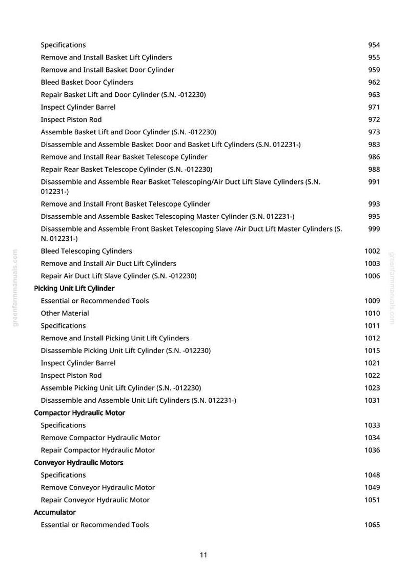 May include: A white page with a list of specifications and procedures for machinery maintenance. The text includes terms like "Basket Lift Cylinders," "Telescope Cylinder," and "Hydraulic Motor," along with associated serial numbers.