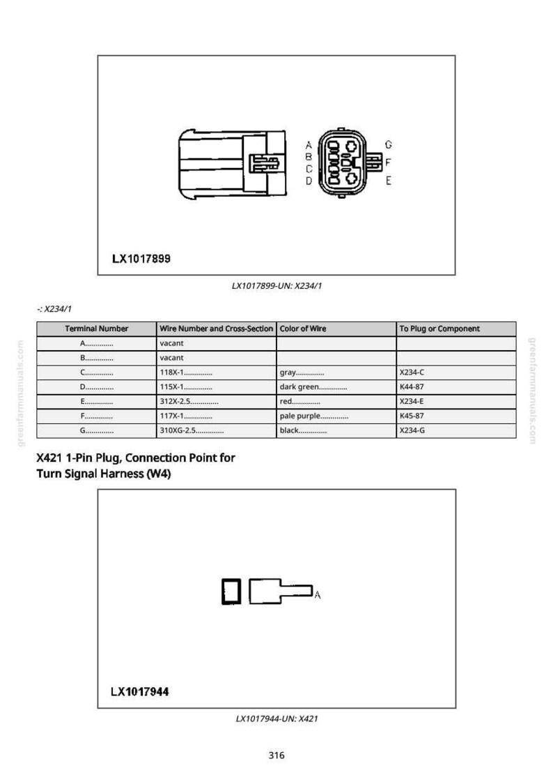 May include: Diagram of electrical connectors and wiring information. Includes a table detailing terminal numbers, wire specifications, and color codes. Features diagrams of LX1017899 and X421 connectors, with text labels and references.