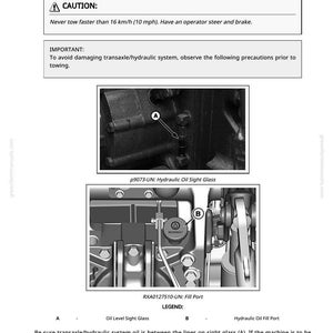 K&ouml;nnte beinhalten: Diagramm aus einem Traktorenhandbuch. Das Bild enth&auml;lt eine Warnung bez&uuml;glich der Abschleppgeschwindigkeit und Anweisungen zum &Uuml;berpr&uuml;fen des Hydraulik&ouml;lstands. Es zeigt das &Ouml;lstand-Sichtglas und die Einf&uuml;ll&ouml;ffnung.