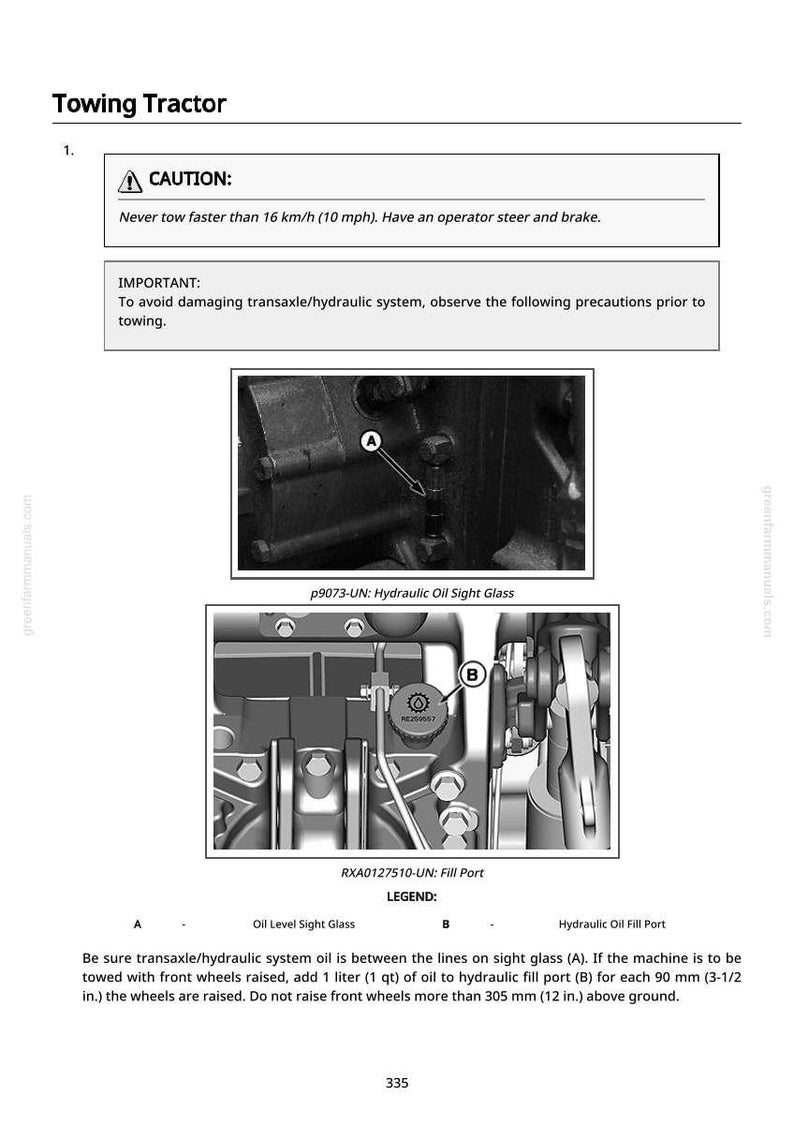 K&ouml;nnte beinhalten: Diagramm aus einem Traktorenhandbuch. Das Bild enth&auml;lt eine Warnung bez&uuml;glich der Abschleppgeschwindigkeit und Anweisungen zum &Uuml;berpr&uuml;fen des Hydraulik&ouml;lstands. Es zeigt das &Ouml;lstand-Sichtglas und die Einf&uuml;ll&ouml;ffnung.