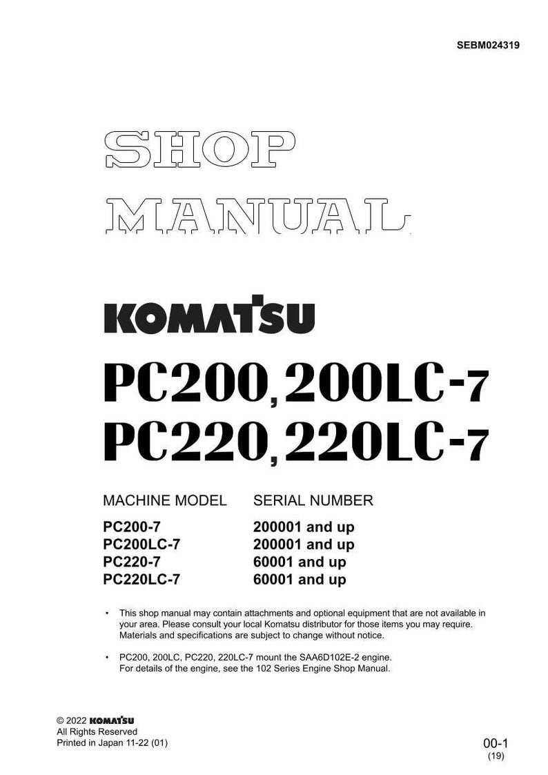 Pode incluir: Um manual de oficina para os modelos Komatsu PC200, 200LC-7, PC220 e 220LC-7. A capa apresenta o logotipo Komatsu e os n&uacute;meros do modelo em texto preto em negrito. O manual inclui informa&ccedil;&otilde;es sobre o modelo da m&aacute;quina e o n&uacute;mero de s&eacute;rie, impresso no Jap&atilde;o.