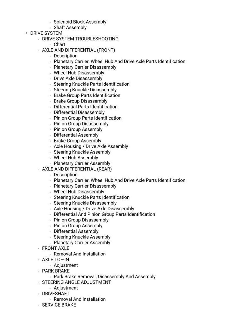 May include: A detailed chart with automotive repair instructions. The text includes sections on drive systems, axles, differentials, and brake systems. The chart lists various disassembly and assembly procedures for vehicle components.