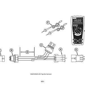K&ouml;nnte beinhalten: Schwarz-Wei&szlig;-Diagramm eines Tap-Out-Kabelbaums mit verschiedenen Komponenten, die mit A bis H gekennzeichnet sind. Enth&auml;lt ein digitales Multimeter mit der Anzeige "88.88" und Messleitungen. Der Text "RXA0165925-UN: Tap-Out Harness" befindet sich unten.
