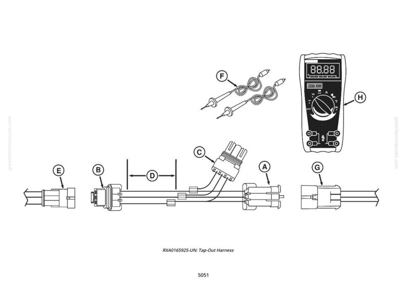 K&ouml;nnte beinhalten: Schwarz-Wei&szlig;-Diagramm eines Tap-Out-Kabelbaums mit verschiedenen Komponenten, die mit A bis H gekennzeichnet sind. Enth&auml;lt ein digitales Multimeter mit der Anzeige "88.88" und Messleitungen. Der Text "RXA0165925-UN: Tap-Out Harness" befindet sich unten.