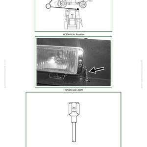 May include: Diagram of a combine harvester and tractor, a vehicle headlight, and a section drawing of a tool. The image includes labels and arrows pointing to specific components. The text "Component Information" is also present.