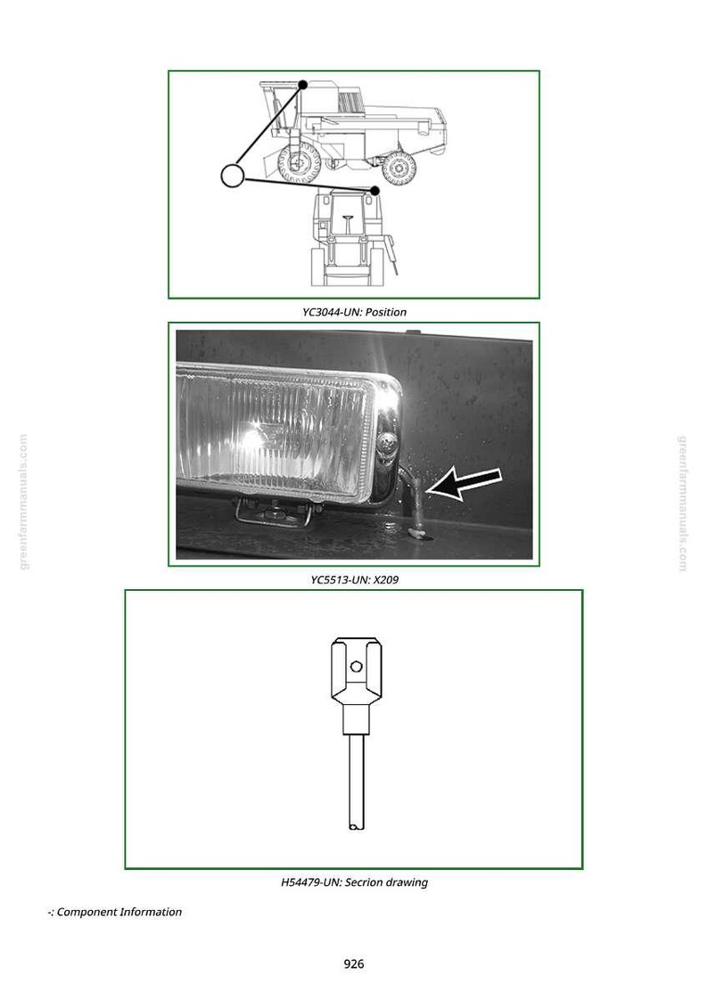 May include: Diagram of a combine harvester and tractor, a vehicle headlight, and a section drawing of a tool. The image includes labels and arrows pointing to specific components. The text "Component Information" is also present.