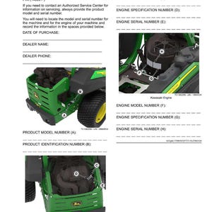 May include: A product identification guide with diagrams of a green and yellow lawnmower. The document includes spaces to record engine and product model numbers, serial numbers, and the date of purchase.