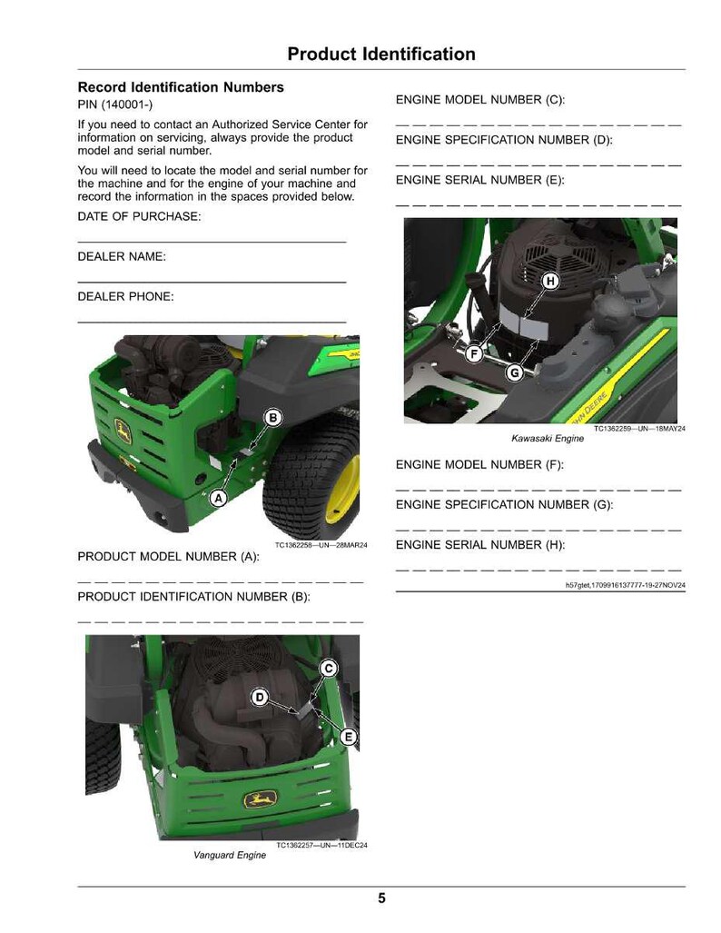 May include: A product identification guide with diagrams of a green and yellow lawnmower. The document includes spaces to record engine and product model numbers, serial numbers, and the date of purchase.