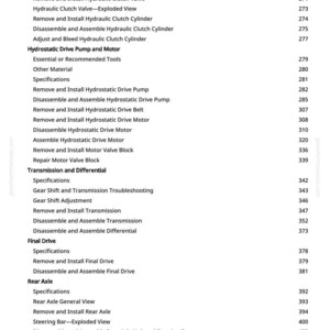 May include: A page from a manual with a table of contents for a vehicle's clutch, hydrostatic drive, transmission, final drive, and rear axle. The text includes specifications, removal, and installation instructions.