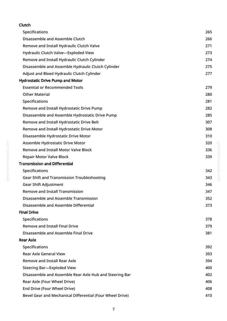 May include: A page from a manual with a table of contents for a vehicle's clutch, hydrostatic drive, transmission, final drive, and rear axle. The text includes specifications, removal, and installation instructions.