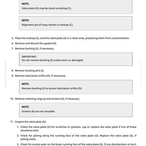 May include: A page from a manual with instructions for valve plate inspection and maintenance. The text includes notes, important reminders, and numbered steps. The page has a white background with black text and a small logo.