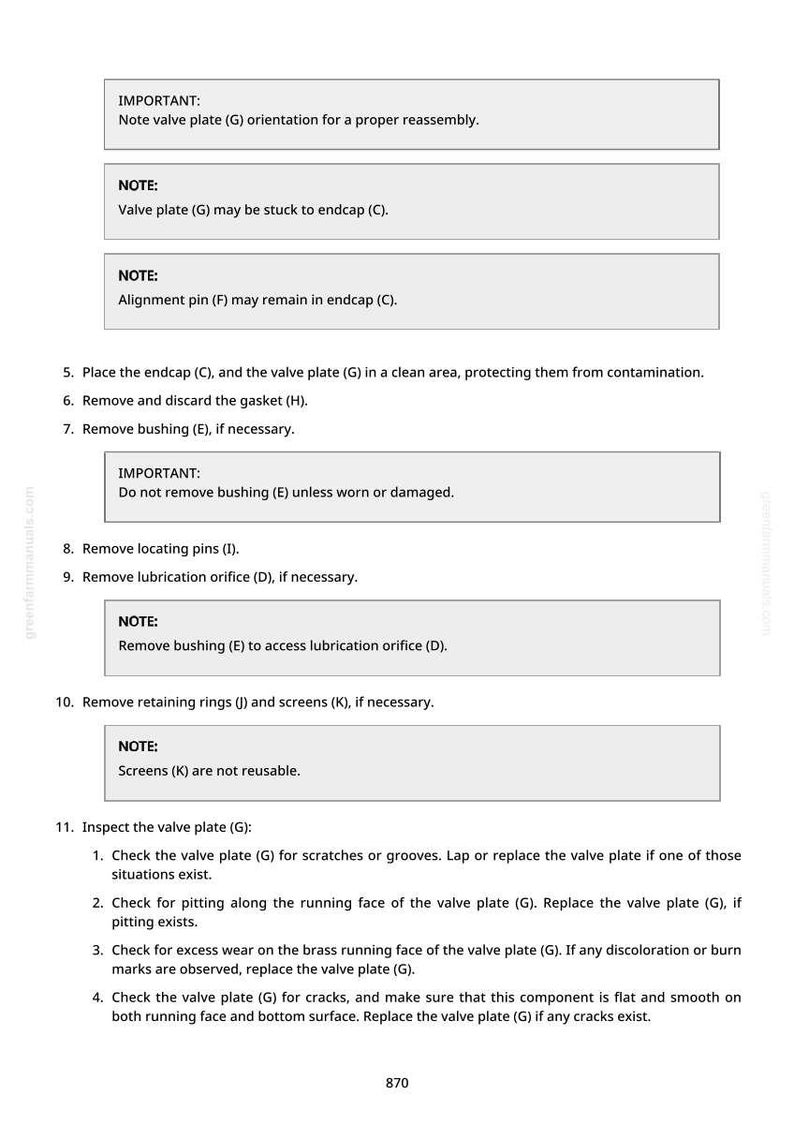 May include: A page from a manual with instructions for valve plate inspection and maintenance. The text includes notes, important reminders, and numbered steps. The page has a white background with black text and a small logo.