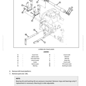 May include: Diagram of clutch shafts and related components, labeled A through N, with a legend. Includes clutch forks, bolts, shoes, guides, bearings, and a clutch shaft. Text at the top reads "LV306A-UN: Clutch shafts."
