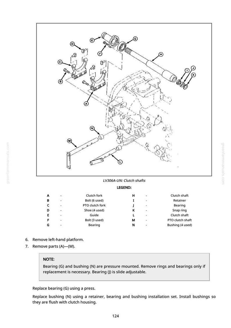 May include: Diagram of clutch shafts and related components, labeled A through N, with a legend. Includes clutch forks, bolts, shoes, guides, bearings, and a clutch shaft. Text at the top reads "LV306A-UN: Clutch shafts."