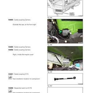May include: Diagram of a Fendt 1000 Vario S4 vehicle system, showing cable coupling cameras and separation points. Includes detailed illustrations of components and their locations, with labels like X4453, X4454, X4455, and X4456.