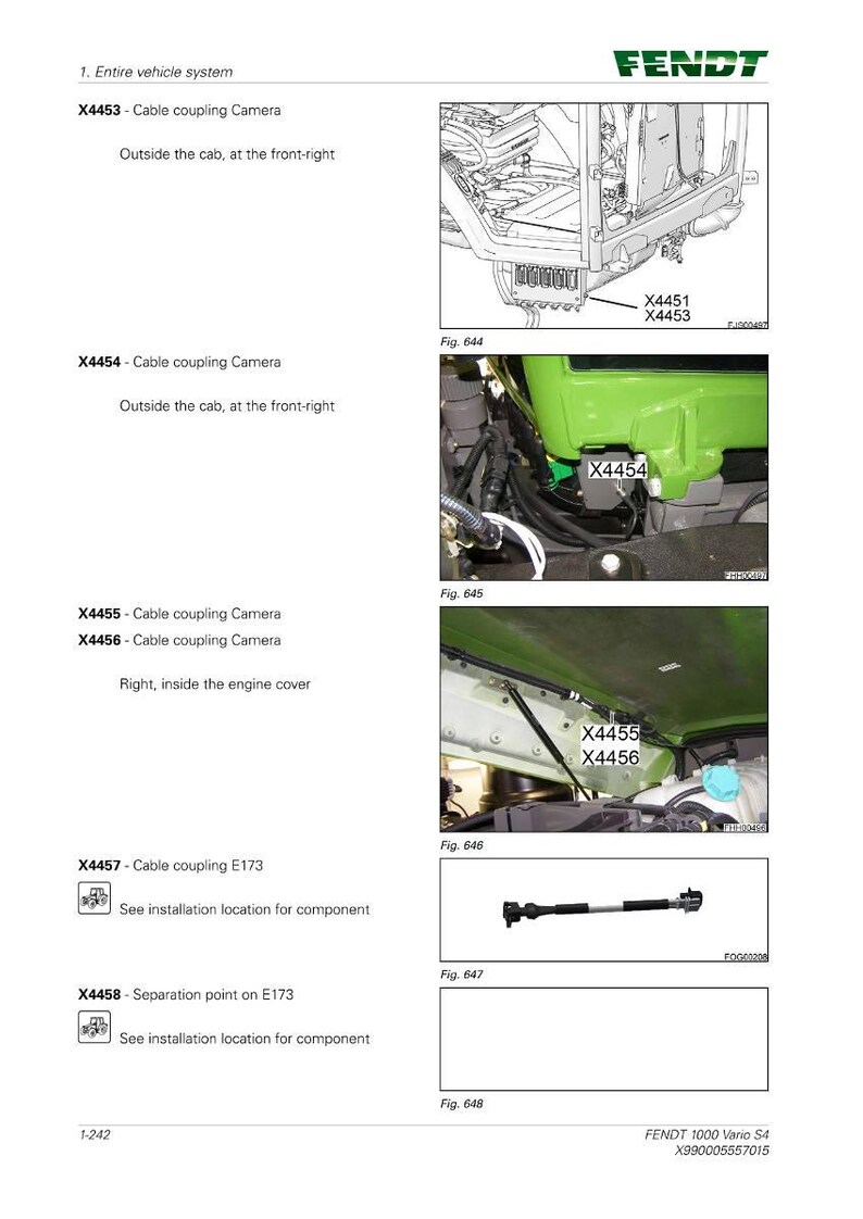 May include: Diagram of a Fendt 1000 Vario S4 vehicle system, showing cable coupling cameras and separation points. Includes detailed illustrations of components and their locations, with labels like X4453, X4454, X4455, and X4456.