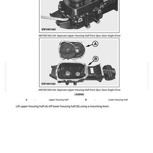 May include: Diagram of a spur gear angle drive, with exploded views of the upper and lower housing halves. The image includes labels and text indicating how to separate the upper housing half.